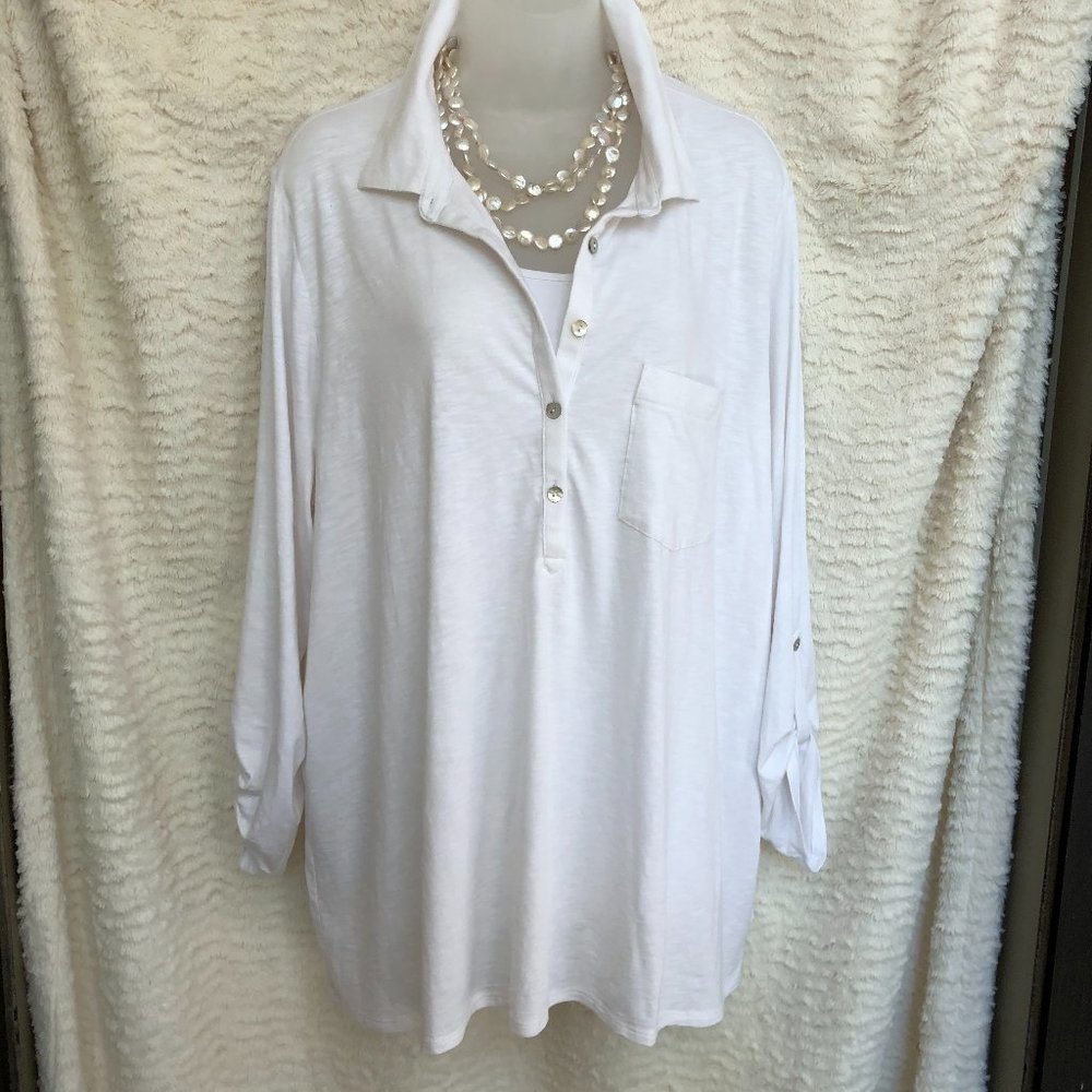 Talbots white roll tab sleeve ribbed shirt, EUC